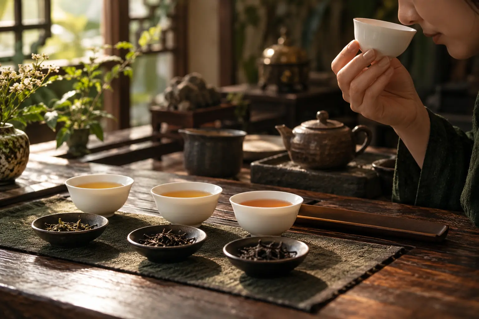 AI 情境示意:三杯不同茶湯的盲飲比較