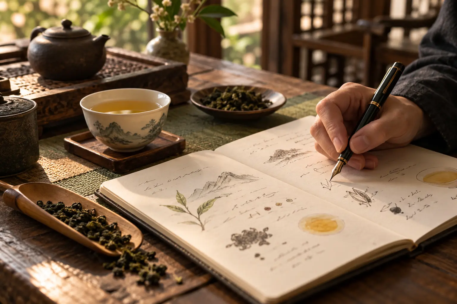 AI 情境示意:一邊品茶一邊記錄茶湯與風味感受