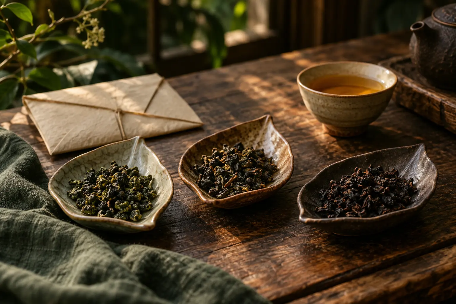 AI 情境示意:三款烘焙程度不同的台灣烏龍茶樣品