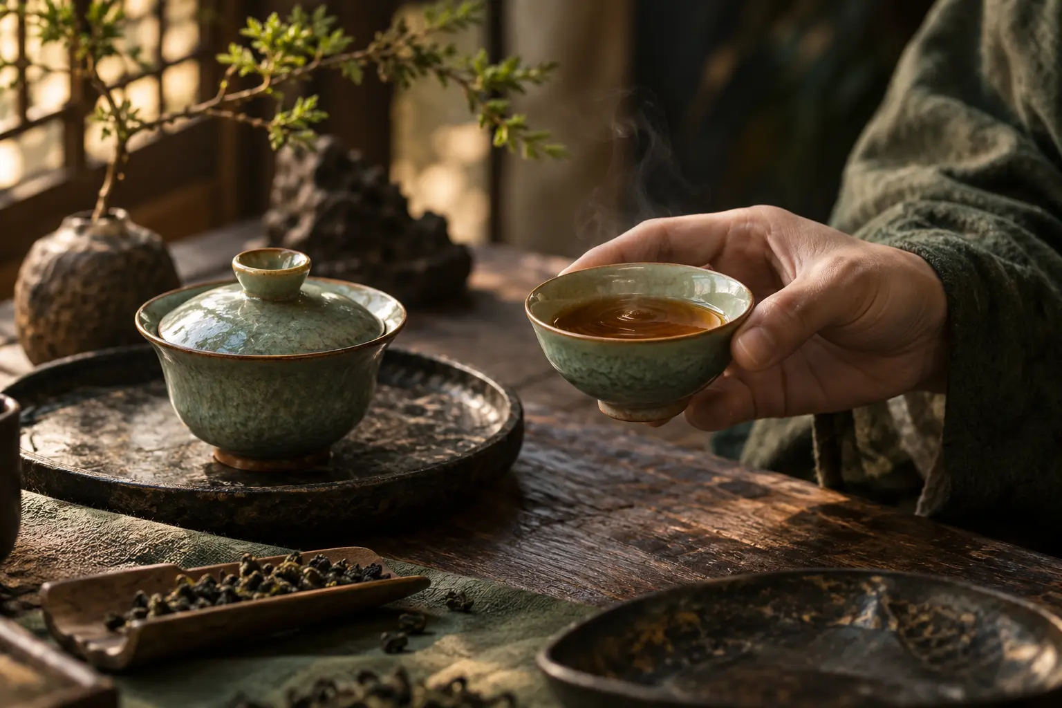 AI 情境示意:古典茶席上觀察香氣與茶湯的品鑑過程